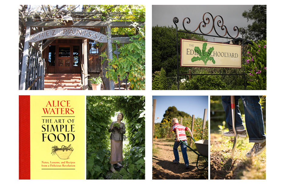 Waters' Touch: from top right (counter clock wise): The entrance to Chez Panisse in Berkeley California. The Entrance to the Edible Schoolyard at Martin Luther King, Jr Middle School in Berkeley, California. Images of children working the schoolyard farm. Alice Waters in her home garden. Alice Waters' best selling cook book "The Art of Simple Food".