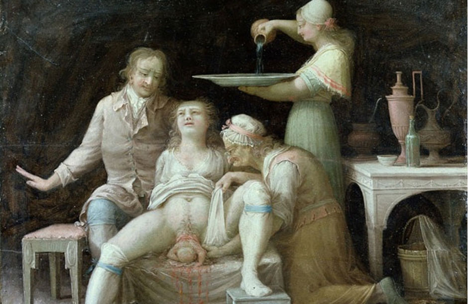 The western birth before hospitals - here as depicted in a French painting circa 1775.