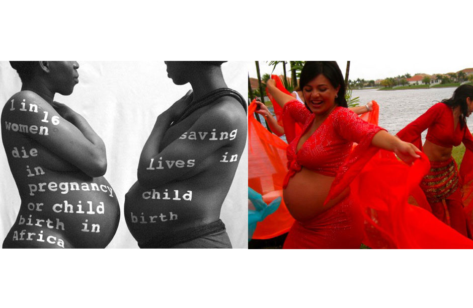 Left: A campaign for better maternity care in Africa. Right: An expectant mother taps into her goddess energy at a collective dance practice organized by Michelle Maniaci founder of "Nurturing Moves" in Miami, Florida.