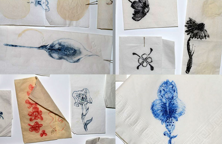 Jim Hodges, "A Dairy of Flowers" (details), 1994. Ink on paper napkins. Courtesy of the de la Cruz Collection Contemporary Art Space. Miami, FL. Photo credit Carlos Rigau.