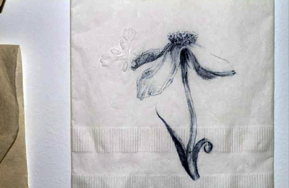 Jim Hodges, "A Dairy of Flowers" (detail), 1994. Ink on paper napkins. Courtesy of the de la Cruz Collection Contemporary Art Space. Miami, FL. Photo credit Carlos Rigau.