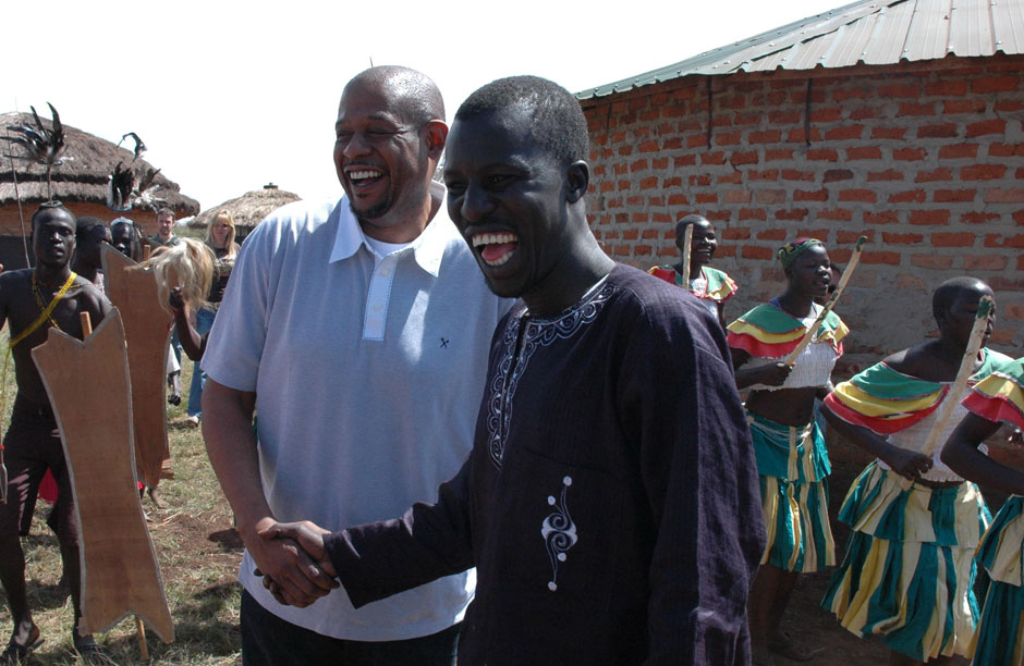 Forrest Whittaker (Left) with Okello Sam founder of Hope North campus for child soldiers and refugees in Uganda. Okello was Whittaker's acting coach during the making of "The Last King of Scotland".