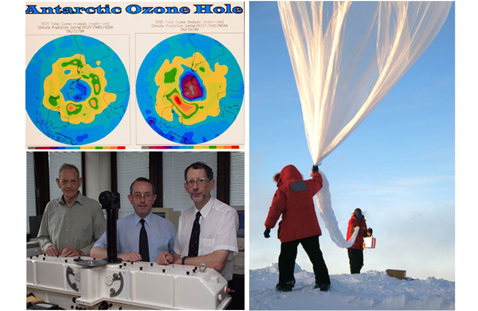 Image Bottom Left: Joseph Farman, Brian Gardiner, Jonathan Shanklin, the three men attributed to discovering the hole in the ozone layer as part of the efforts of the British Antarctic Survey in 1985. Image Right: NOAA scientists launching a balloon to measure ozone vertically. Image Credit NOAA