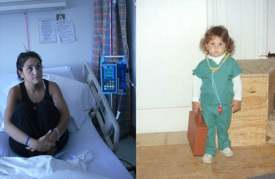 Angela (right) getting treatment for Cystic Fibrosis at the hospital and (left) playing doctor as a little girl.