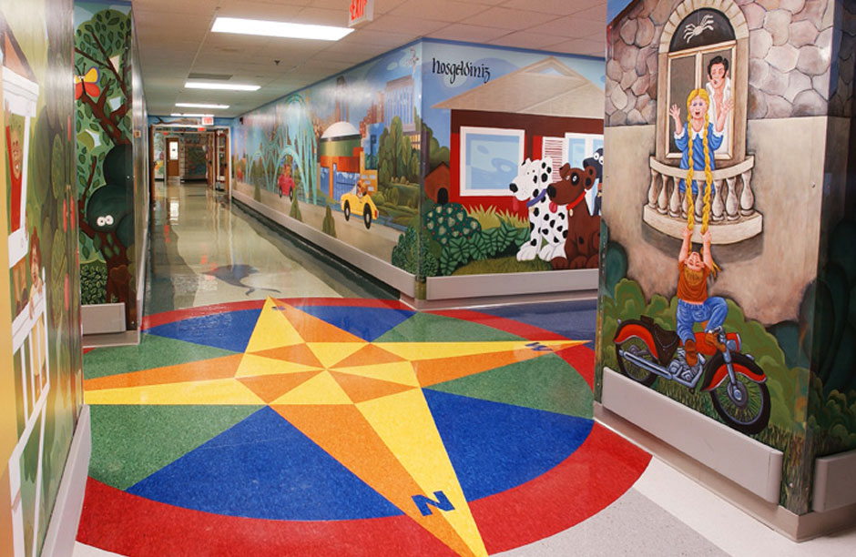 Colorful murals create a cheerful environment within the walls of St. Jude's Children's Hospital.