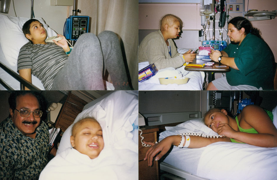 Reena at various stages throughout her bone marrow and chemotherapy treatments. Bottom left: Smiling with her dad. Top right: Playing cards with her brother.