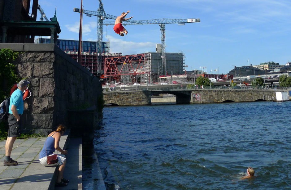 High dive into Lake Malaren, downtown Stockholm.