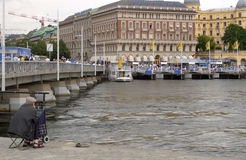 Fishing off of the main square in Stockholm is still a common pastime.