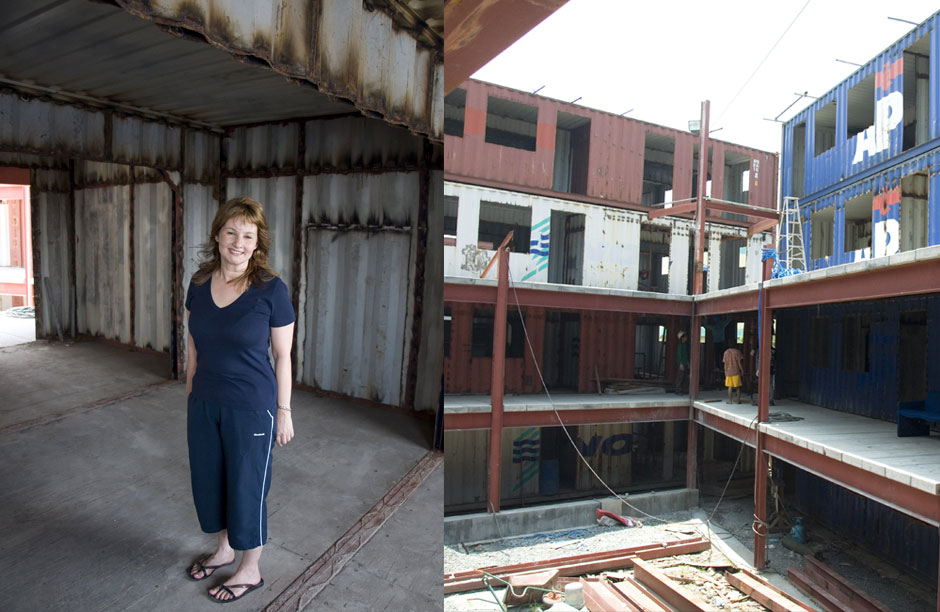 Left: Jane Walker standing in the construction site for the new school - set to be the largest school worldwide made out of shipping container. Right: The interior of the school under construction.