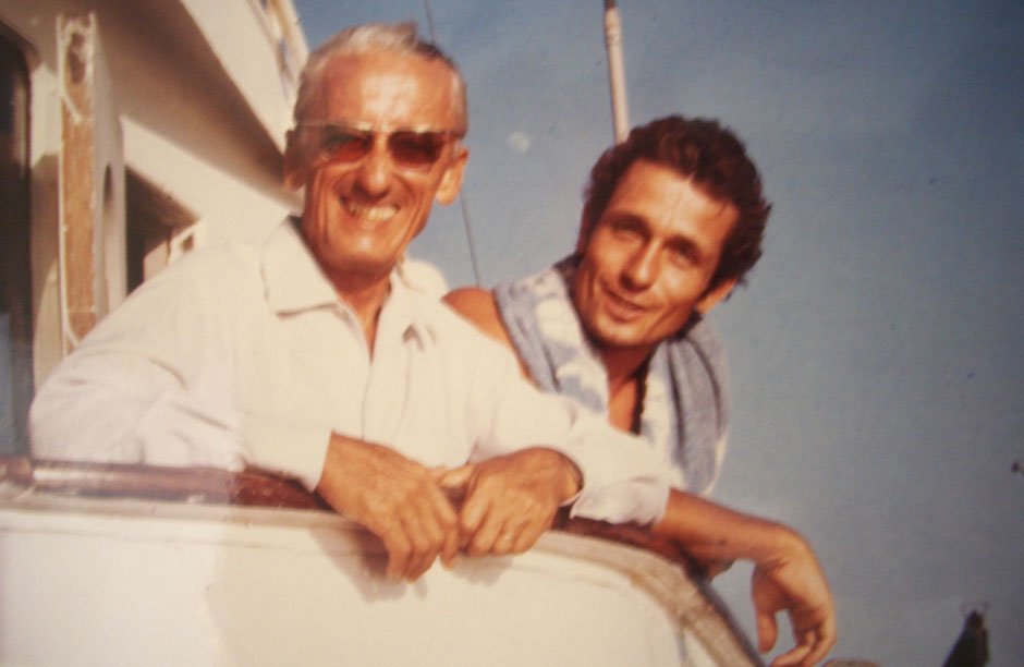 Jacques with his son Philippe Cousteau (Alexandra and Philippe's father) aboard the Calypso ca. 1978