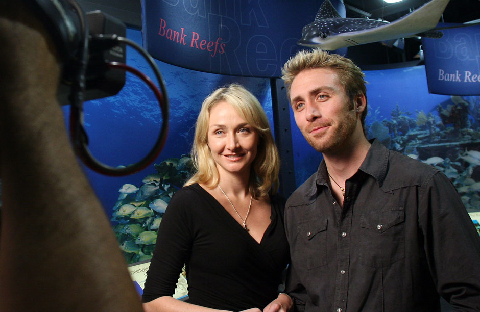 Alexandra and brother Philippe filming a public service announcement about ocean conservation