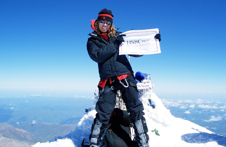 Annabelle at the summit of Mount Elbrus in Russia. It's the highest mountain on the European continent.