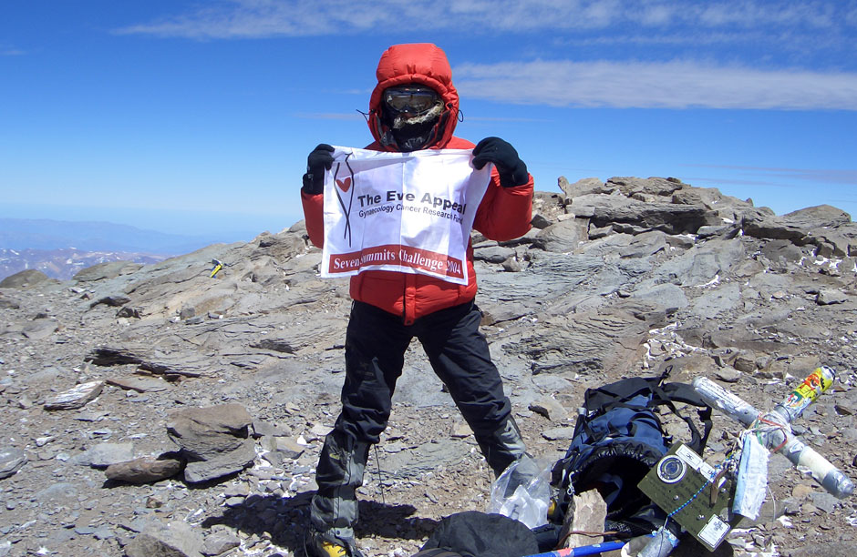 Annabelle at the summit of Aconcogua, the highest peak in South America representing Eve Appeal, the charity she raised 1.6 million USD towards Ovarian Cancer research and prevention.