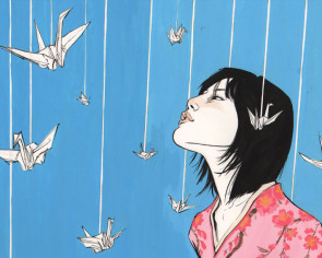 Portrait of Sadako Sasaki - a young girl who became the symbol of the innocent lives lost in the bombings of Nagasaki and Hiroshima and to the brutalities of World War II.  Artwork by Joëlle Jones.