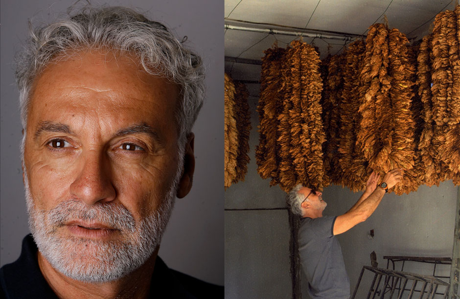 (Left) Portrait Rami Zurayk, author of "Food Farming, and Freedom: Sowing the Arab Spring" (2011) and founder of the Association for Lebanese Organic Agriculture and Slow Food Beirut, is a spokesperson and advocate of the slow food movement in Lebanon. (Right) Zurayk in southern Lebanon checking the tobacco harvest after the 2006 war. Photo by Anna Sussman.