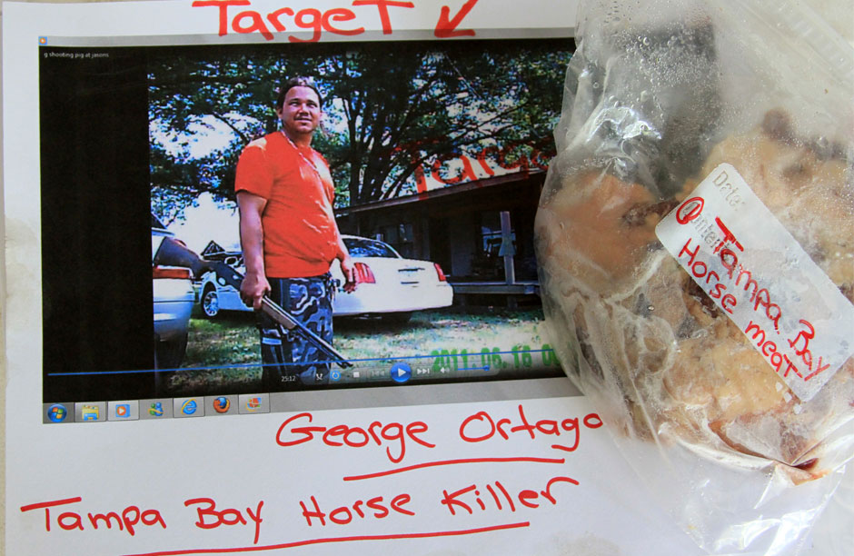 A photo of George Ortega, one of the nation's most violent and brutal horse killers, posted on a bulletin at ARM's Tampa investigation headquarters.