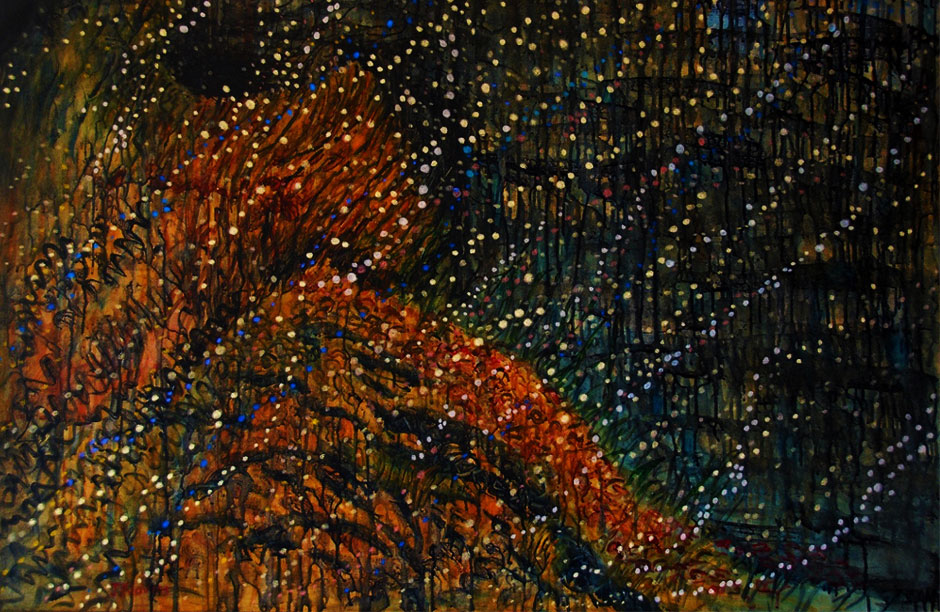 Judith Klavins, "Underwater Galaxy (coral reef spawning at night)". mixed media on canvas.