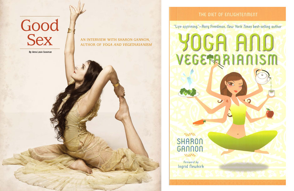 Image Left: Sharon Gannon, co-founder of Jivamukti Yoga Worldwide and author of "Yoga and Vegetarianism: The Diet of Enlightenment" (2008). Image Right: The cover of her book.