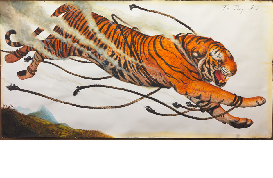 Walton Ford. "Trí Thông Minh" (2013). watercolor, gouache, ink and pencil on paper. 60 x 120 inches; 152.4 x 304.8 cm. Courtesy of the artist and Paul Kasmin Gallery