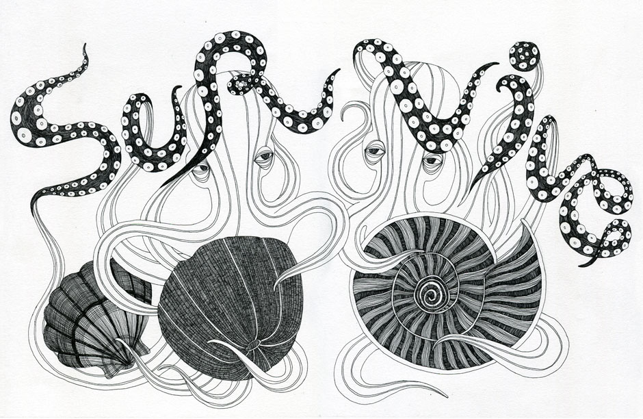 "Survive" 2013 - ink on paper - a special commission drawing by Sun Young Yoo. Click white arrow on the right to view the drawing titled "Coexist".