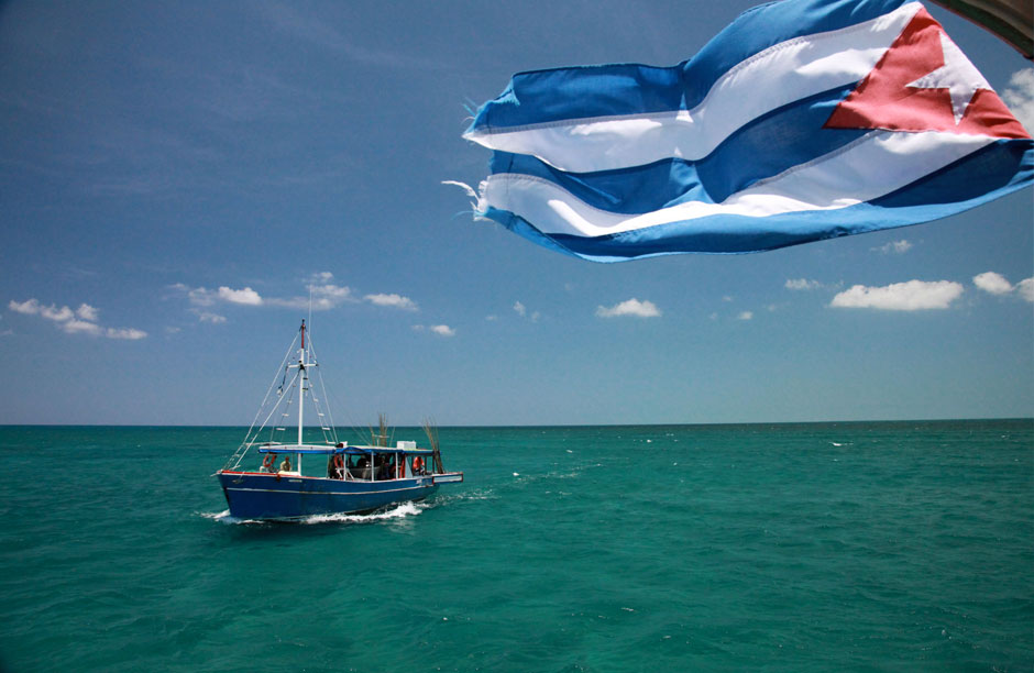 A typical Cuban fishing boat shot from the upper deck of the Felipe Poey, the University of Havana’s research vessel.