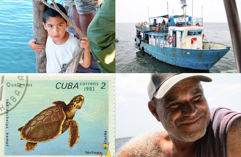 Clockwise From Top Left: A boy from Cocodrilo an isolated fishing village on Cuba's Isle of Youth; Felipe Poey, the University of Havana’s research vessel; A Cuban fisherman. Cuban fisheries are still mainly artisanal but that could change; A vintage Cuban stamp from 1983 calls attention to the critically endangered status of the Kemp’s Ridley sea turtle one of the world’s most endangered sea turtles.